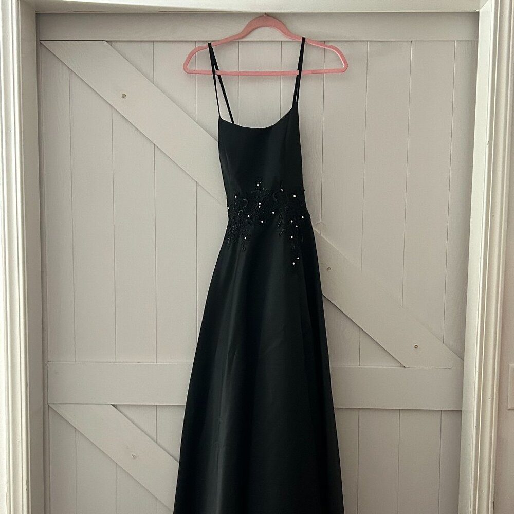 Black satin prom dress with beading sequins